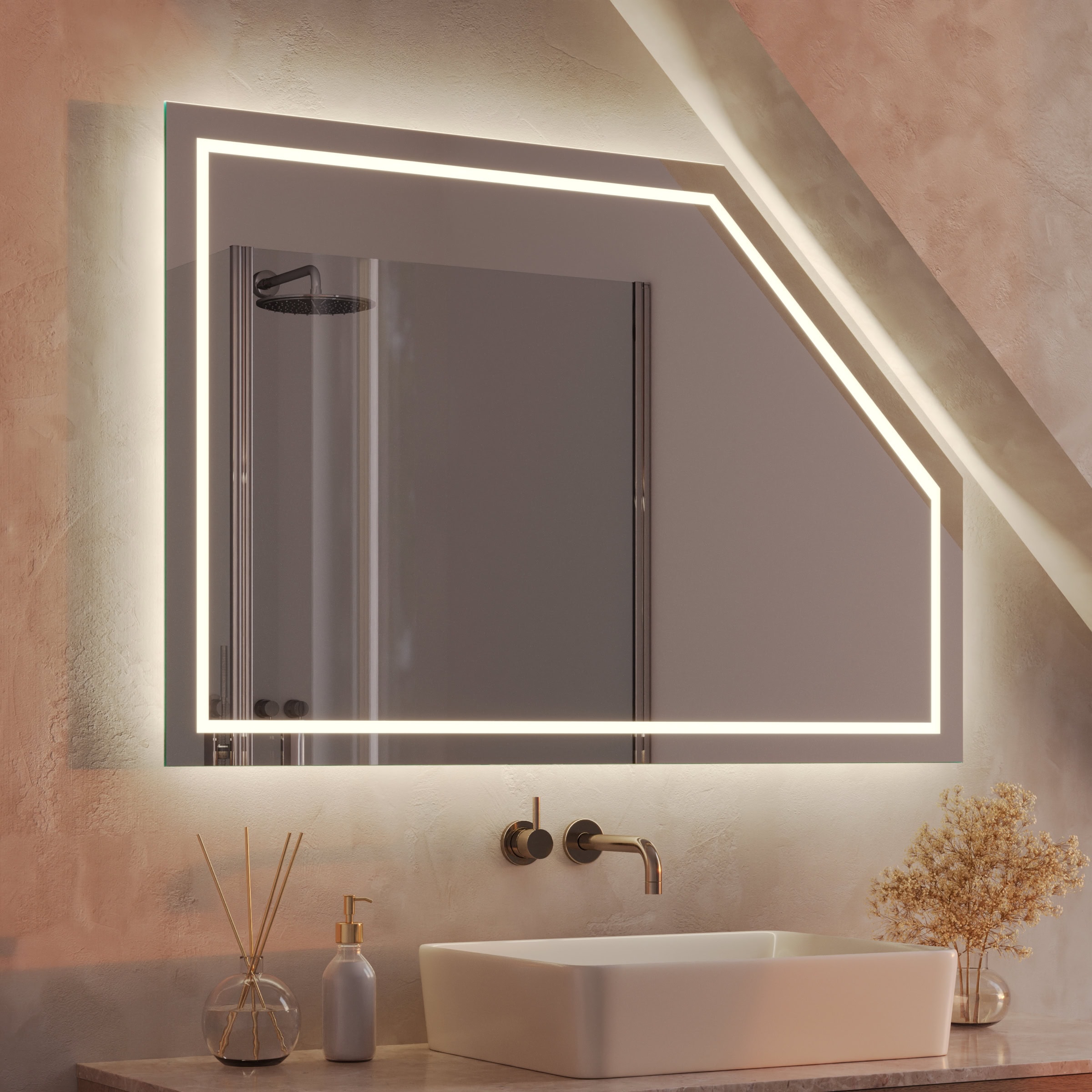 Badspiegel für Dachschräge mit Beleuchtung - Modena rundherum