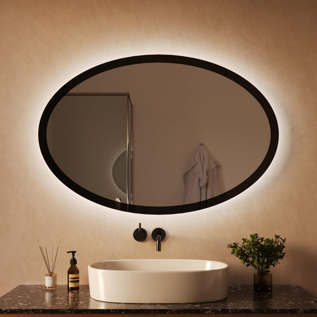 Badspiegel oval mit Rahmen aus Glas und Hintergrundbeleuchtung - Aurea rundherum – Bild 2