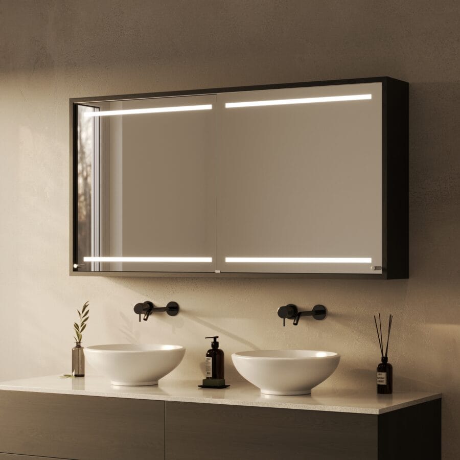 Spiegelschrank fürs Bad mit Schiebetüren und Beleuchtung - Modena oben unten