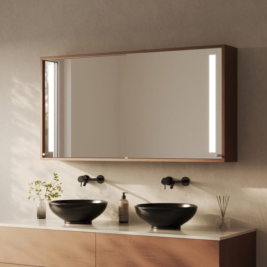 Spiegelschrank fürs Bad mit Schiebetüren und Beleuchtung - Noera links rechts