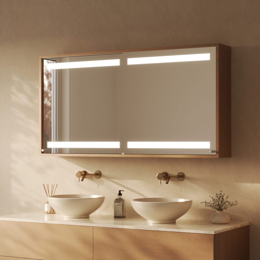 Spiegelschrank fürs Bad mit Schiebetüren und Beleuchtung - Noera oben unten