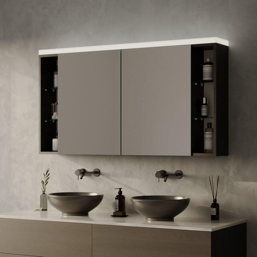Spiegelschrank fürs Bad mit seitlichen Fächern und Beleuchtung - Aureva