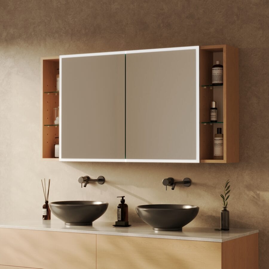 Spiegelschrank fürs Bad mit seitlichen Fächern und Beleuchtung - Lumira rundherum