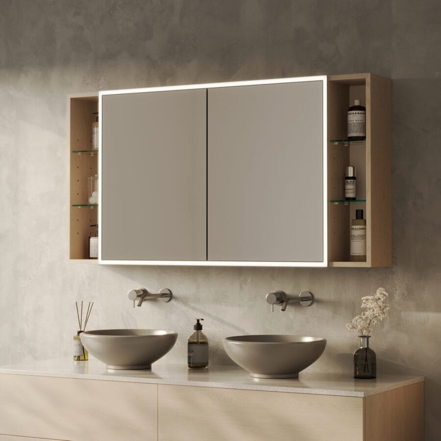 Spiegelschrank fürs Bad mit seitlichen Fächern und Beleuchtung - Lunara rundherum