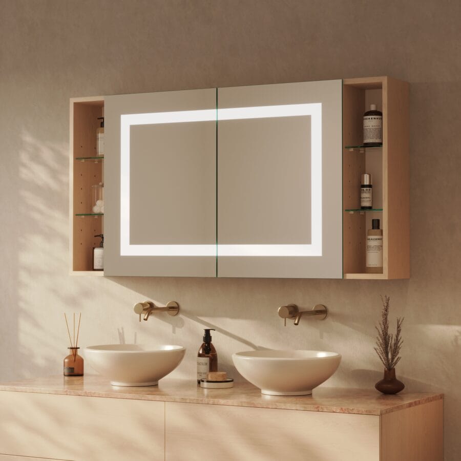 Spiegelschrank fürs Bad mit seitlichen Fächern und Beleuchtung - Noera rundherum