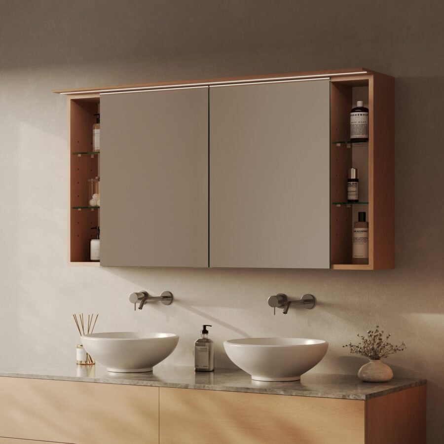 Spiegelschrank fürs Bad mit seitlichen Fächern und Beleuchtung - Sonela