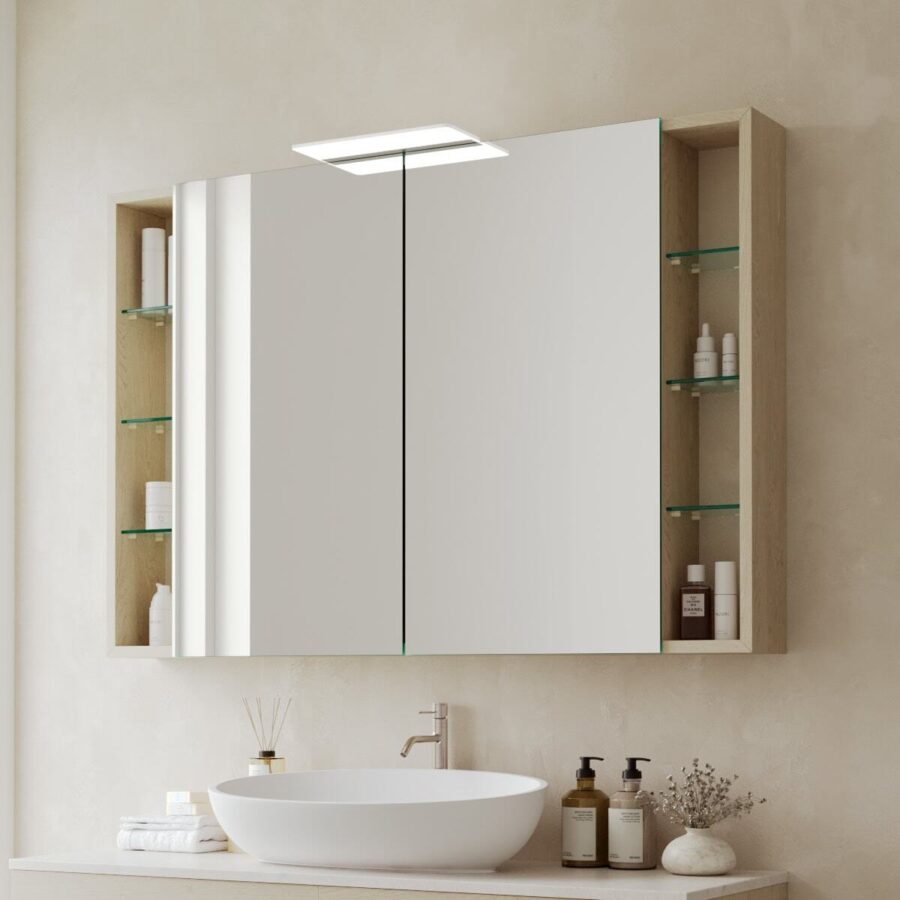 Spiegelschrank fürs Bad mit seitlichen Fächern und Leuchte - Luvea