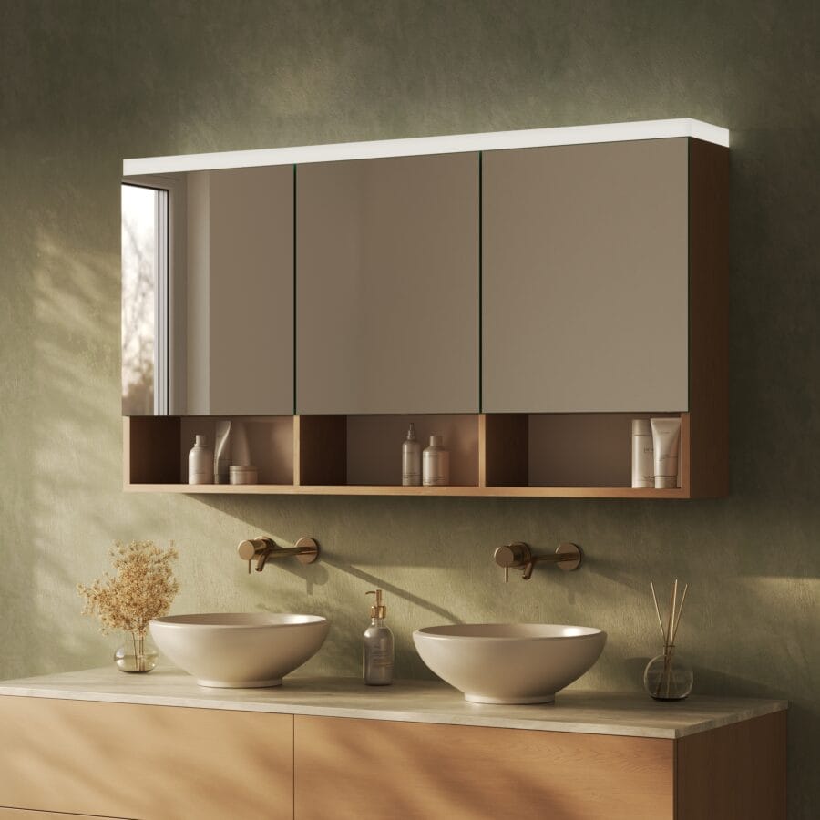 Spiegelschrank fürs Bad mit unteren Fächern und Beleuchtung - Aureva