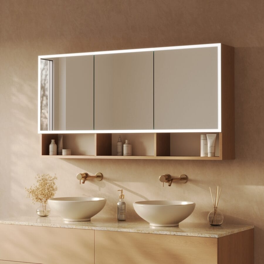 Spiegelschrank fürs Bad mit unteren Fächern und Beleuchtung - Lumira rundherum