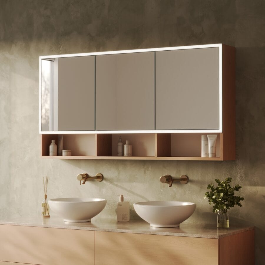 Spiegelschrank fürs Bad mit unteren Fächern und Beleuchtung - Lunara rundherum