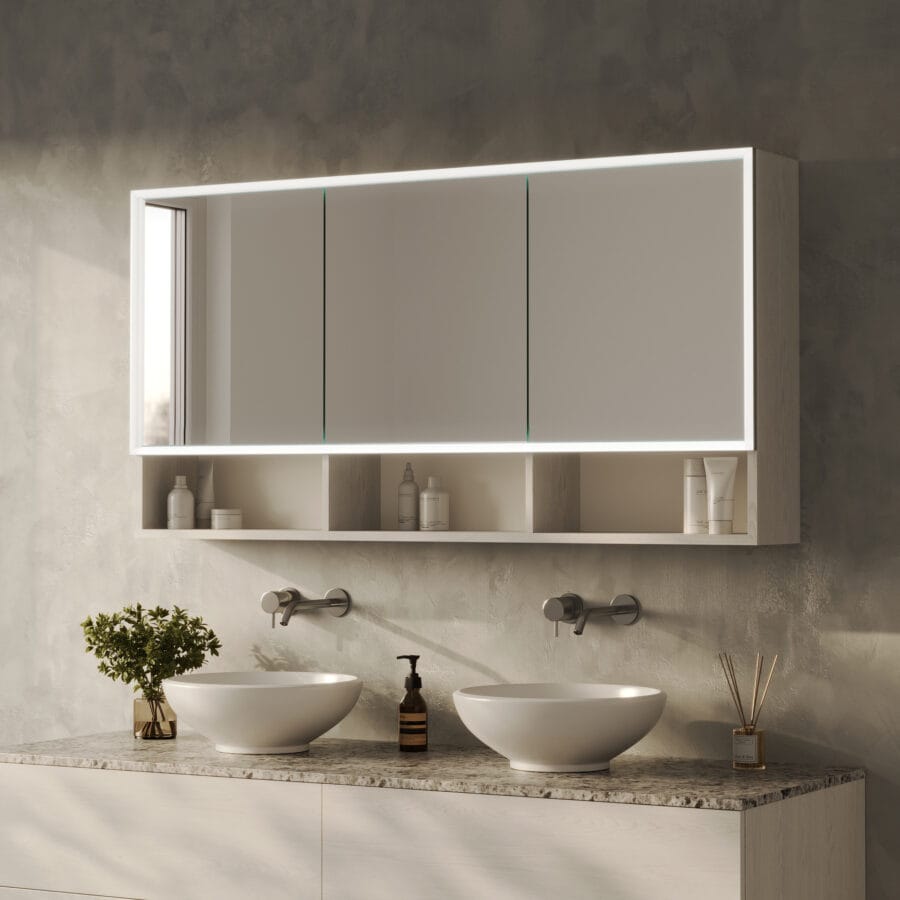 Spiegelschrank fürs Bad mit unteren Fächern und Beleuchtung - Luvera rundherum