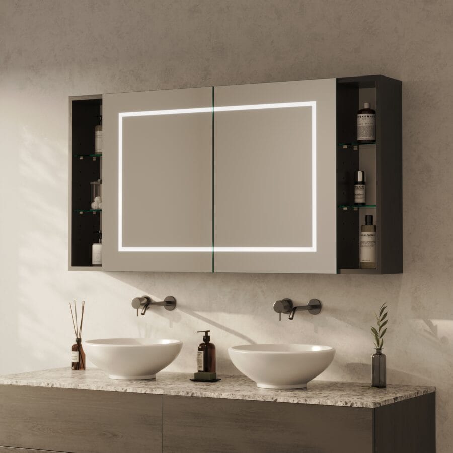 Spiegelschrank fürs Bad mit unteren Fächern und Beleuchtung - Modena rundherum