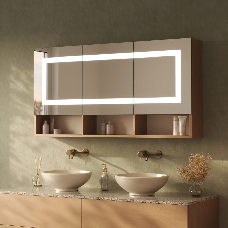 Spiegelschrank fürs Bad mit unteren Fächern und Beleuchtung - Noera rundherum