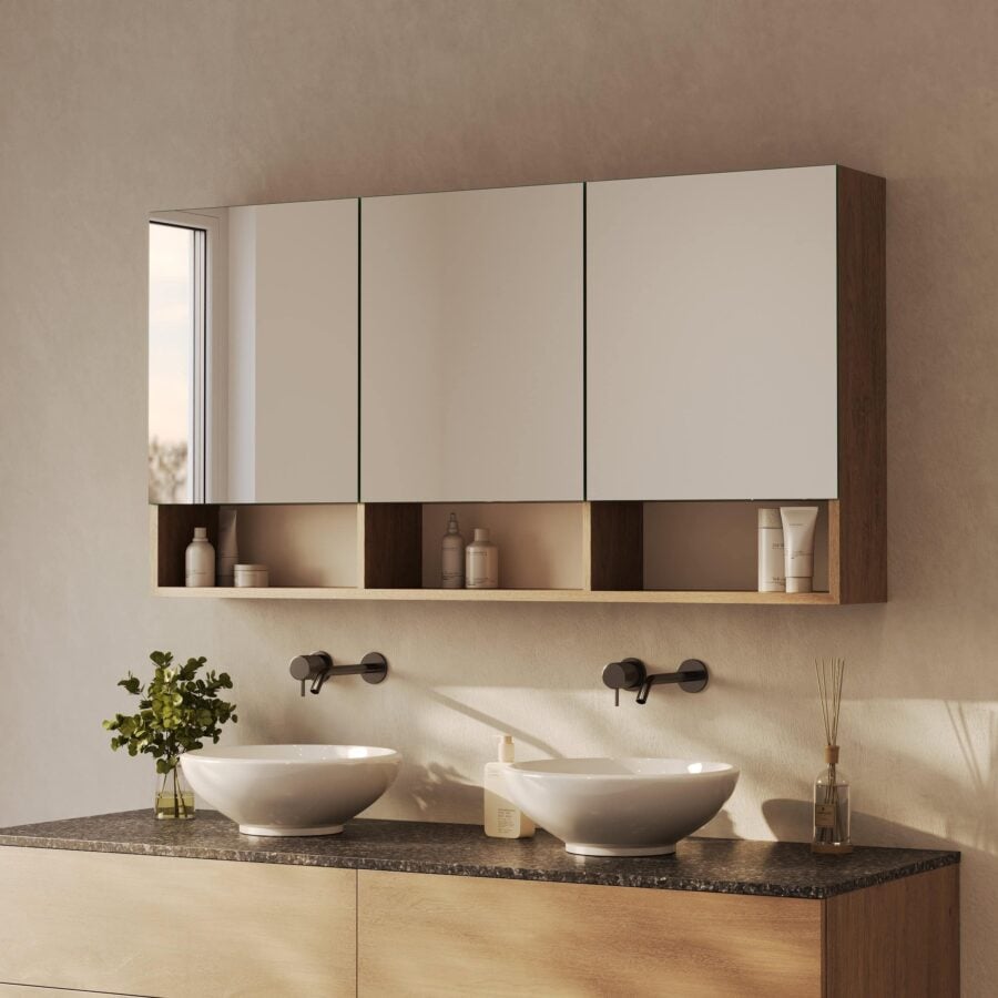 Spiegelschrank fürs Bad mit unteren Fächern und Innenbeleuchtung - Aurea